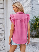 Ruffled Pocketed Collared Neck Cap Sleeve Denim Top OutfitFlow